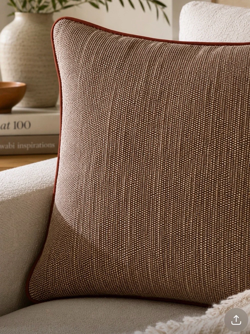 West Elm Brown Basketweave Leather Trim Pillow Cover 20